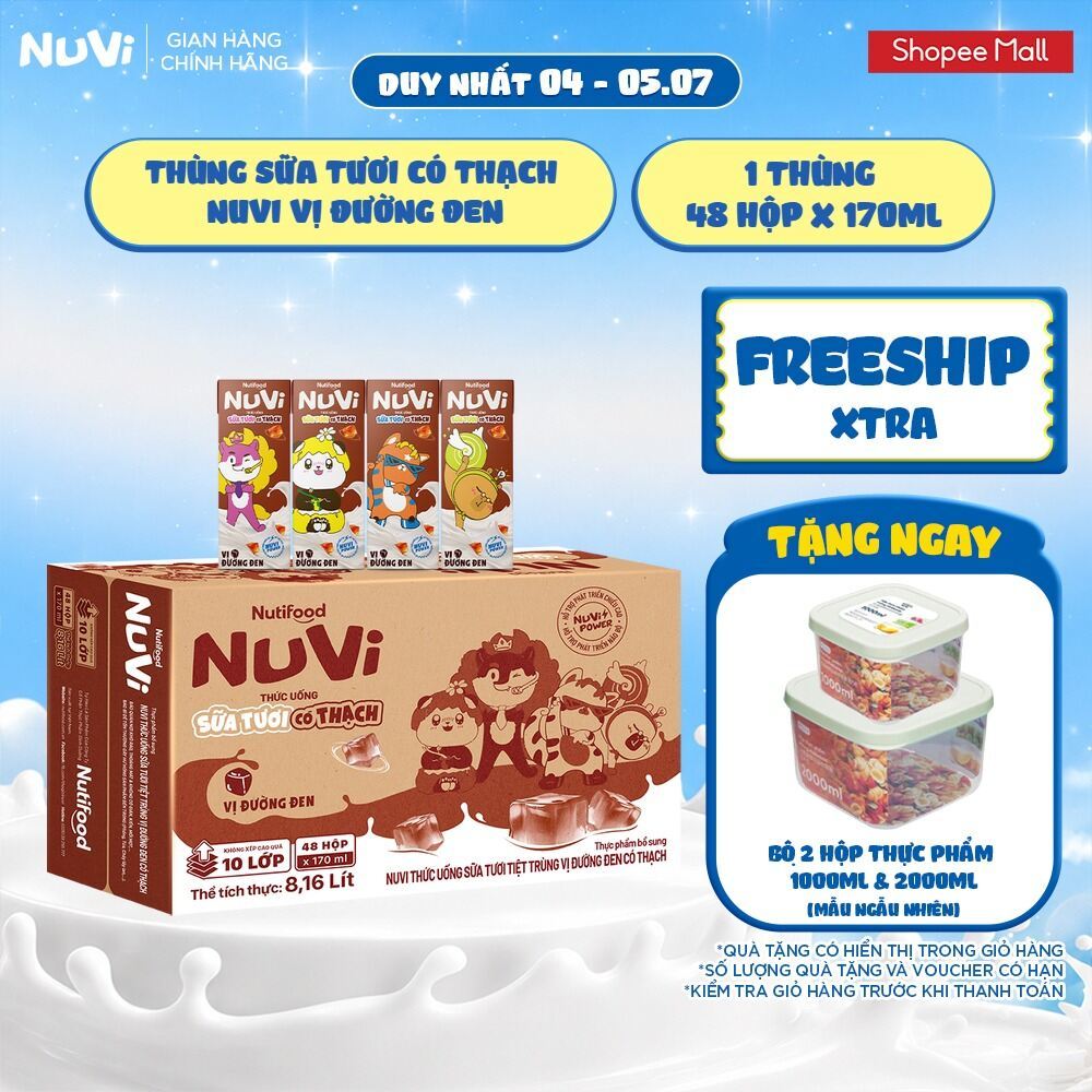 Thùng 48 Hộp Thức Uống Sữa Tươi Có Thạch NuVi Vị Đường Đen 170ml