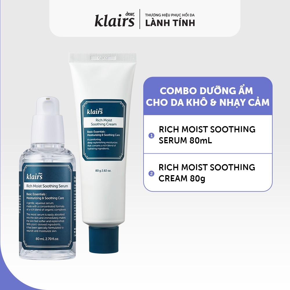 Combo Tinh chất Dear, Klairs Rich Moist Soothing Serum 80ml + Kem dưỡng Dear, Klairs Rich Moist Soothing Cream 80g [FS]