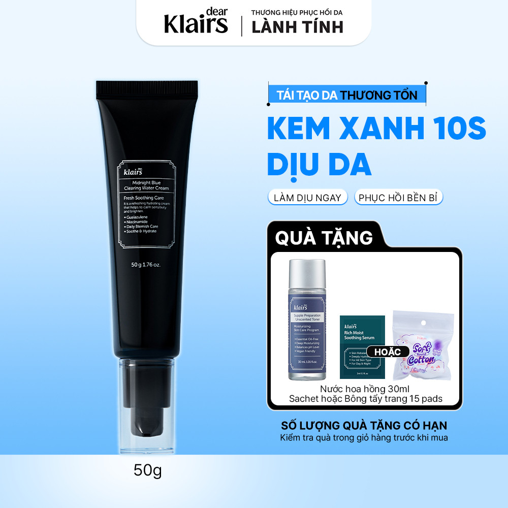[DATE T6-T11/27] Kem dưỡng ẩm Dear, Klairs Midnight Blue Clearing Water Cream hỗ trợ tái tạo da 50g [FS]