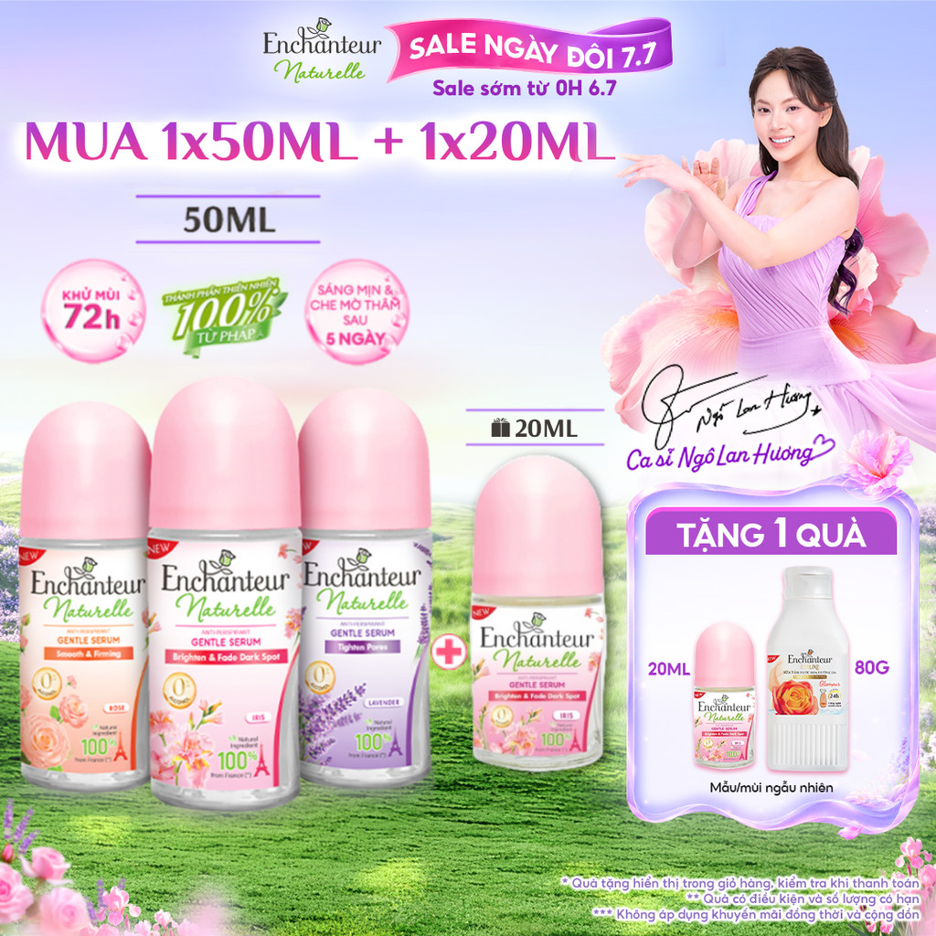 [TẶNG Lăn 20ml] Lăn Khử Mùi Tinh Chất Serum Thiên Nhiên Enchanteur Naturelle Sáng Da Hương Nước Hoa Pháp 50ml