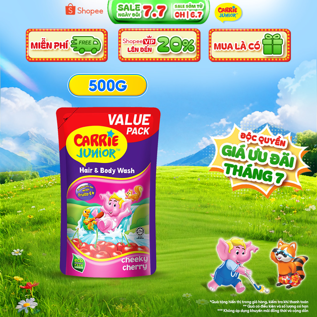 [Freeship toàn quốc] Túi Sữa Tắm Gội thiên nhiên Sạch Dịu Nhẹ & ẩm mịn Cho Bé Carrie Junior hương Cheeky Cherry 500G
