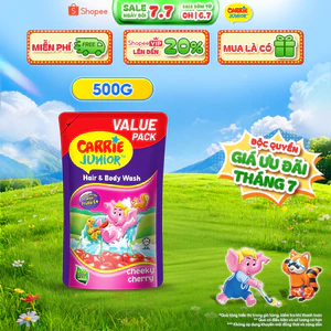 Túi Sữa Tắm Gội thiên nhiên Sạch Dịu Nhẹ & ẩm mịn Cho Bé Carrie Junior hương Cheeky Cherry 500G