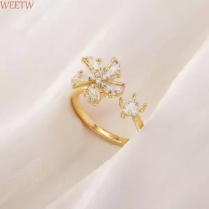 Nhẫn xoay WEETW, Nhẫn mở hoa Zircon sang trọng nhẹ nhàng, Nhẫn hoa pha lê hình ngôi sao có thể điều chỉnh thanh lịch cho bé gái