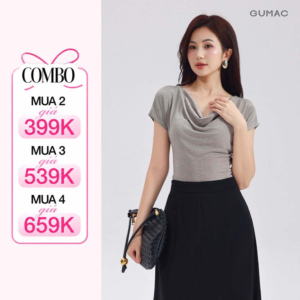 Áo Thun Nữ Cổ Đổ GUMAC Form Slim Fit Tay Ngắn Chất Ánh Nhung Sang Trọng Đi Tiệc ATE01031