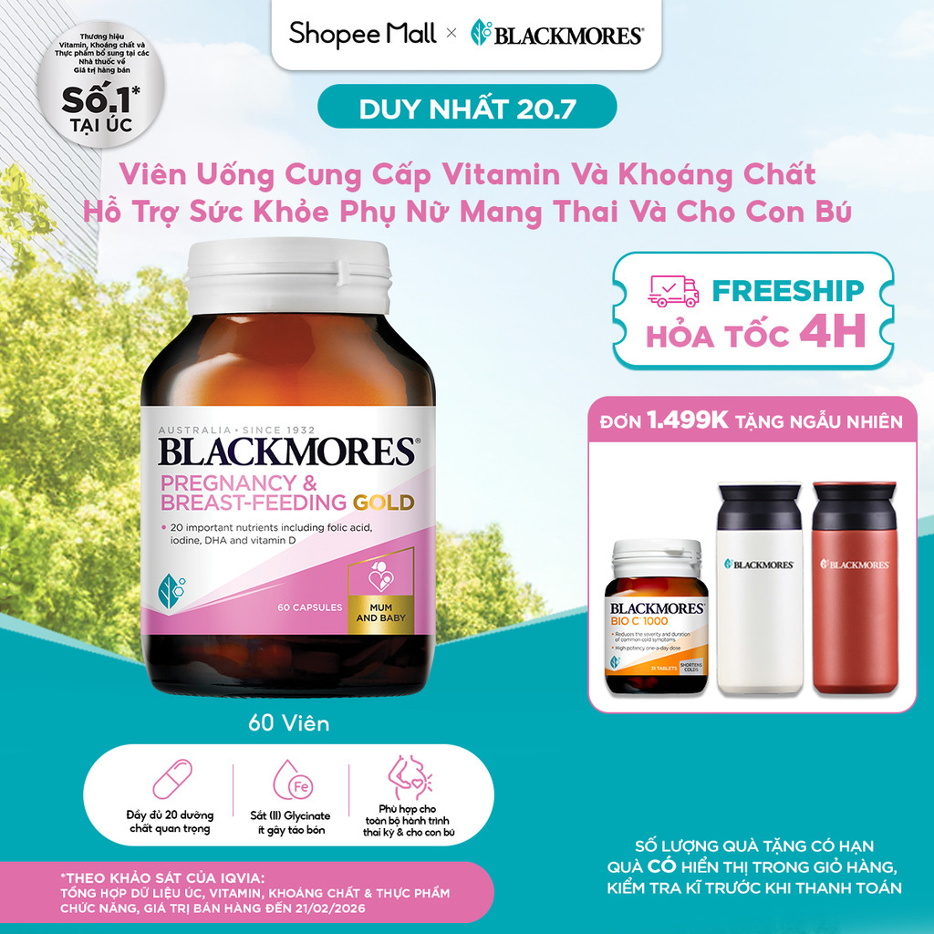 Vitamin Tổng Hợp Cho Bà Bầu và Mẹ Cho Con Bú Blackmores Pregnancy & Breast-Feeding Gold Lọ 60 Viên