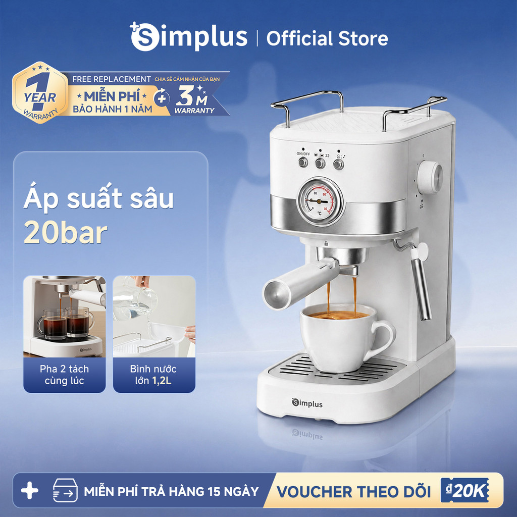 Simplus Máy Pha Cà Phê Espresso Ép Áp Lực 20Bar, Đồng Hồ Nhiệt Cổ Điển Hơi Nóng Mạnh Tạo Bọt Sữa KFJH014