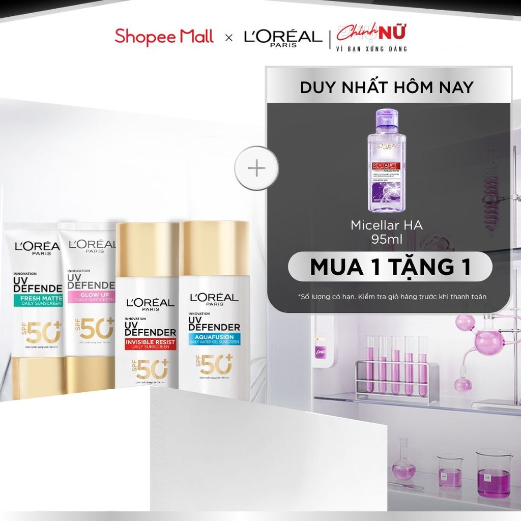 [CHỐNG NẮNG WATERGEL MỚI] Chống Nắng Phổ Rộng Thoáng Da, Kháng Mọi Tác Động UV Defender SPF 50+ PA++++ Loreal Paris 50ml