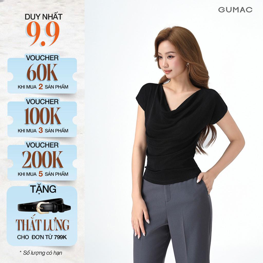 Áo Thun Cổ Đổ GUMAC Áo Thun Kiểu Sang Trọng Áo Đi Tiệc Thun Ánh Nhung Tôn Dáng ATE01031