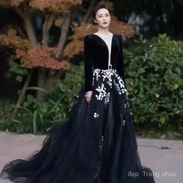 Váy cưới chủ đề studio màu đen cao cấp cổ điển của Yang Zi. V Váy cưới cao cấp dùng để chụp ảnh