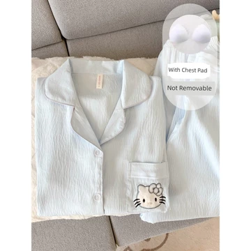 bộ đồ ngủ nữ dài tay set đồ ngủ dài Đồ ngủ hoạt hình mèo có đệm ngực đồ mặc nhà thiếu nữ đáng yêu dài tay vải bông mây mùa xuân và mùa hè cho nữ
