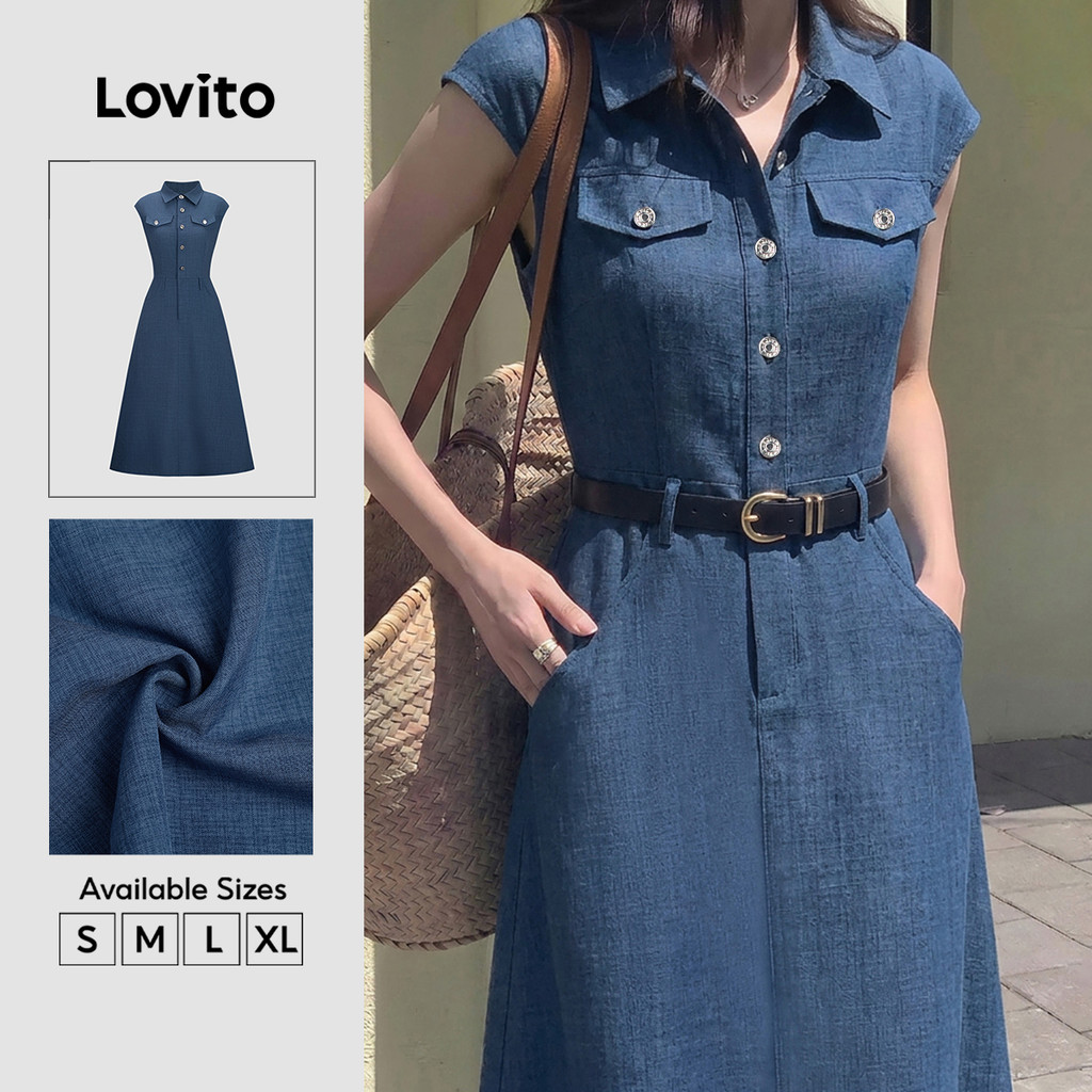(New Arrival) Lovito Váy liền thường ngày có túi khóa kim loại túi giả màu xanh dương mùa xuân/hè dành cho nữ (không Kèm Thắt Lưng) DRK8BR077