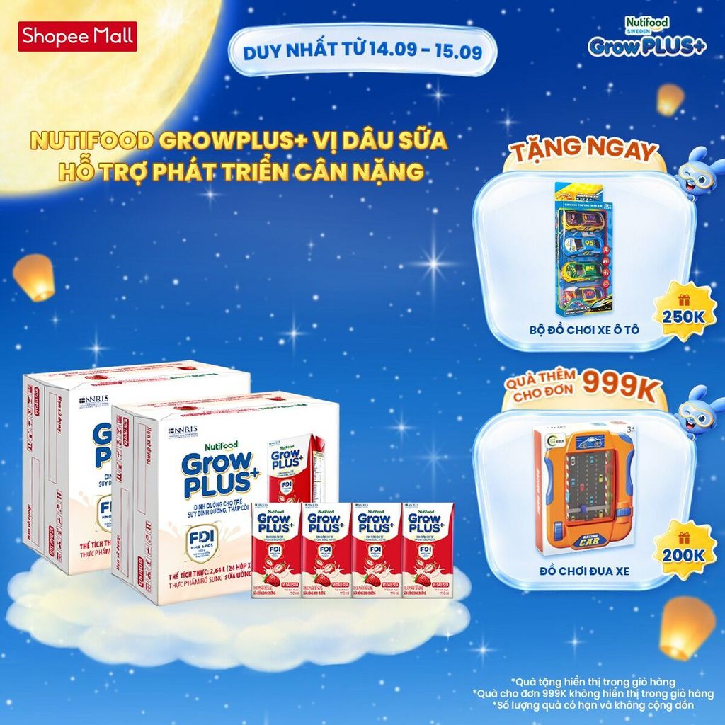 Combo 2 Thùng 24 hộp Sữa bột pha sẵn Nutifood GrowPLUS+ Vị Dâu Sữa hộp 110ml - Trên 1 tuổi