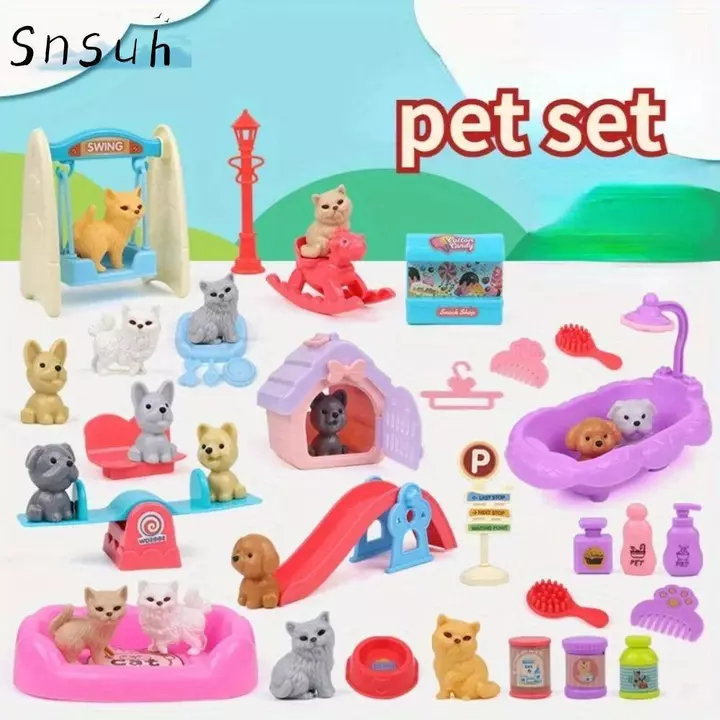 SNSUH Puppy Giả vờ chơi đồ chơi, Đồ chơi trẻ em Đồ chơi trẻ em Đồ chơi giỏ thú cưng Mini dễ thương, Cảm giác thị giác Bộ búp bê chó động vật Đồ chơi lồng chó