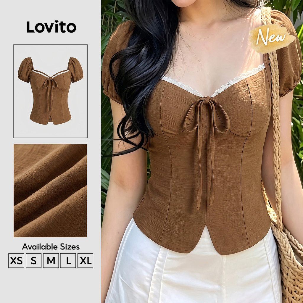 (New Arrival) Lovito Áo sơ mi nữ nâu mùa xuân/hè xếp ly buộc dây BLK9TD044