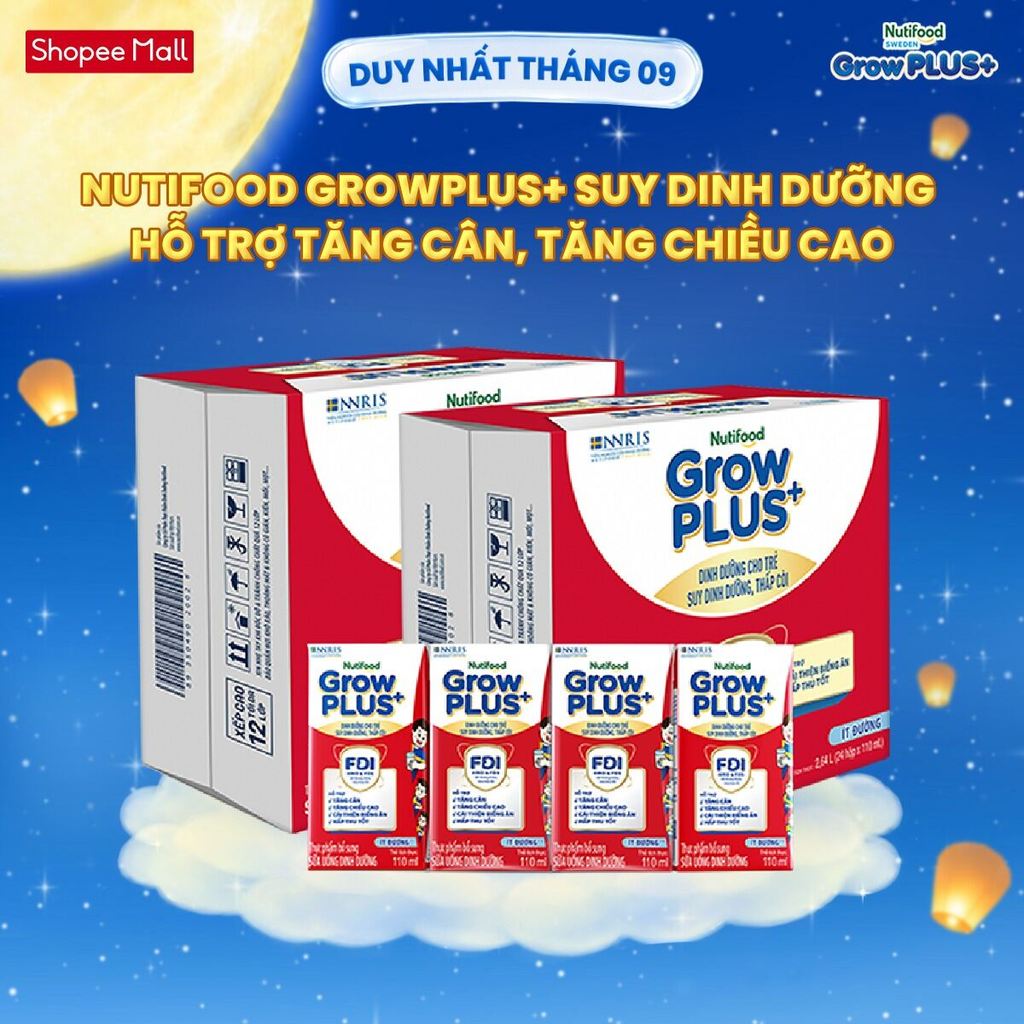 Thùng SBPS Nutifood GrowPLUS+ ít đường Suy Dinh Dưỡng - Tăng Cân, Tăng Chiều Cao (48 Hộp x 110ml) (Bao bì tùy lô hàng)