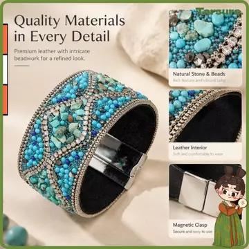 Vòng tay kim cương giả TARSURETH, Vòng tay khóa từ tính thủ công, Hạt màu ngọc lam Bohemian Họa tiết hoa Vòng tay nữ Vòng tay nữ Vòng đeo tay nữ nữ