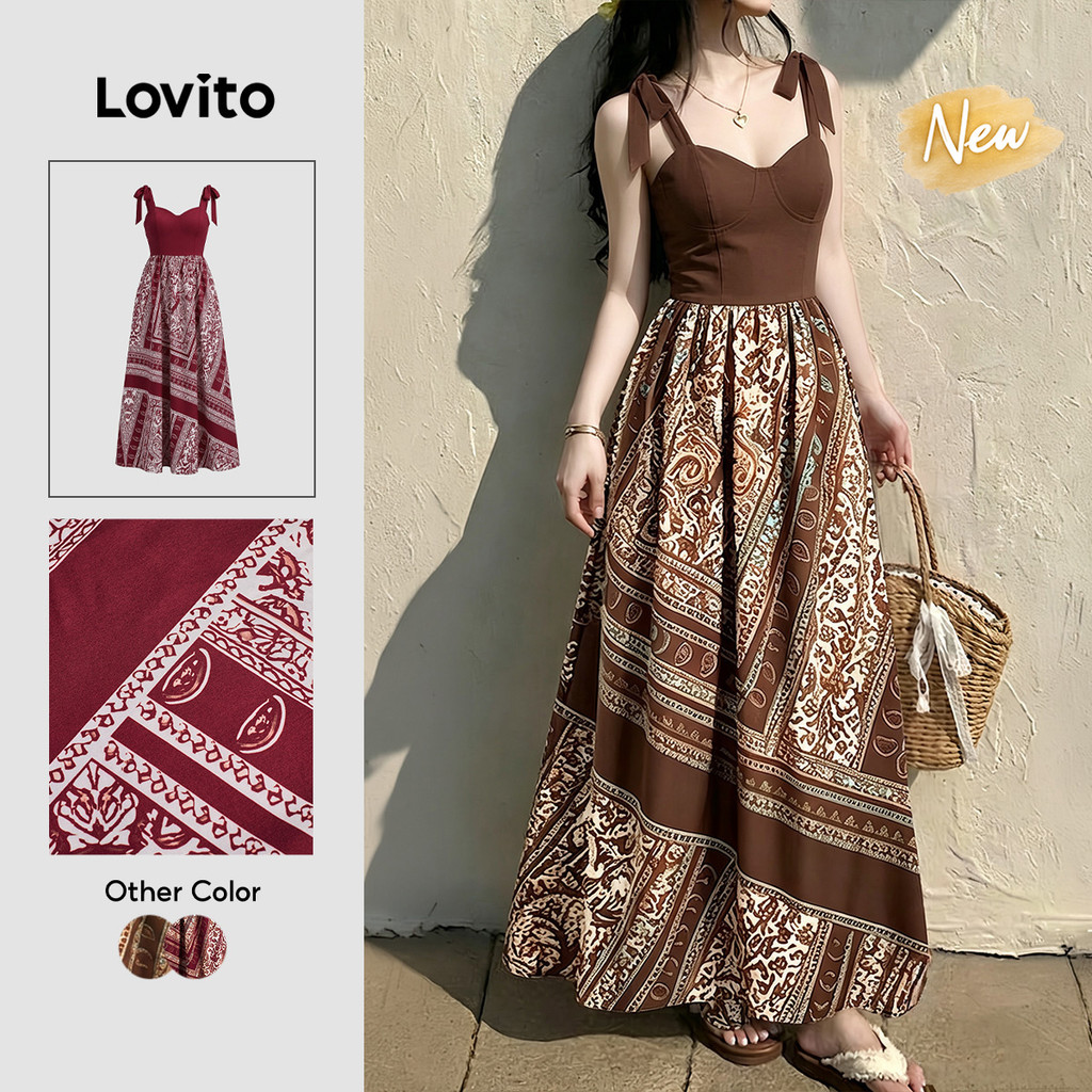 (New Arrival) Lovito Váy nữ màu nâu dáng chữ a dài buộc dây họa tiết bộ lạc Phong cách Bohemian Phong cách dân tộc dành Cho mùa xuân hè và kỳ nghỉ DRK10P1D291