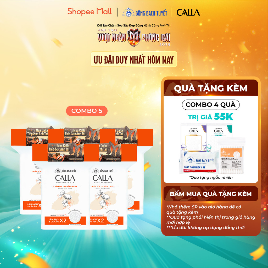 [MỚI - TÚI ZIP] Combo 5 Bông tẩy trang làm sạch da Bông Bạch Tuyết Calla tròn 3D 200 miếng/gói