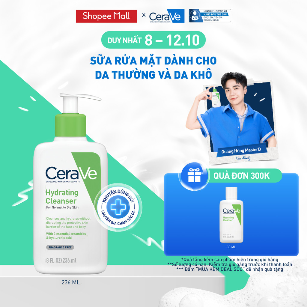 Sữa rửa mặt giúp làm sạch sâu dành cho da thường và da khô Cerave Hydrating Cleanser 236ML