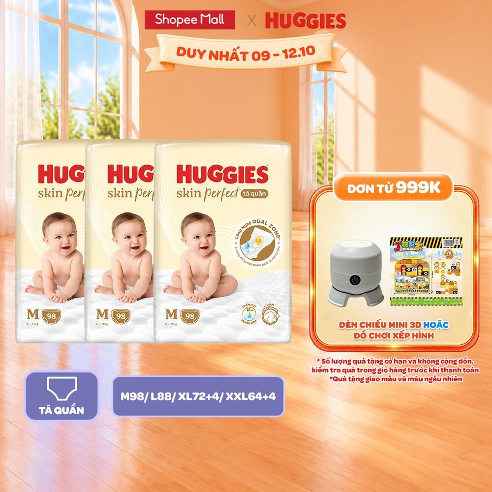 Combo 3 gói Tã/Bỉm quần Huggies Skin Perfect Mega Jumbo cỡ M/L/XL/XXL với 2 vùng thấm giảm kích ứng