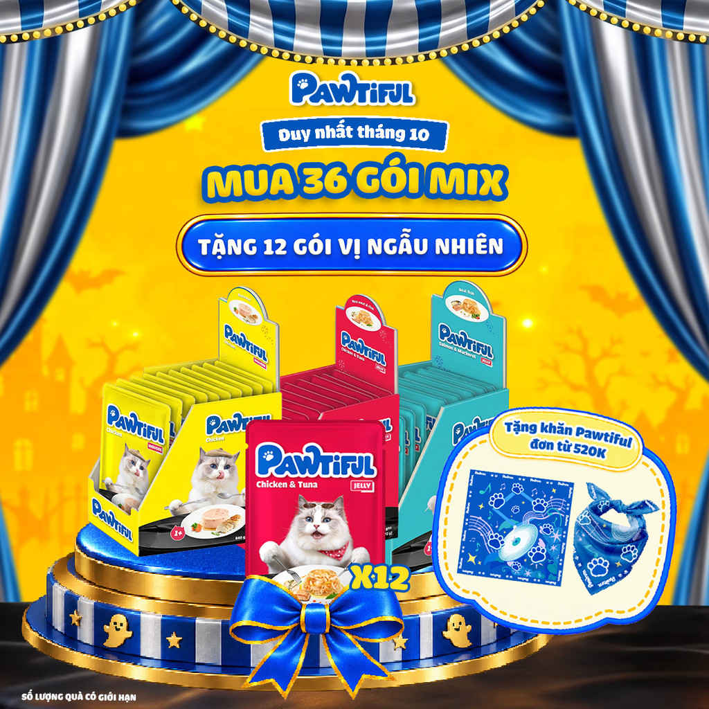[MUA 36 TẶNG 12] Combo 36 gói Pate Pawtiful cho mèo mix 3 vị Gà & Cá ngừ & Cá thu 70G x36