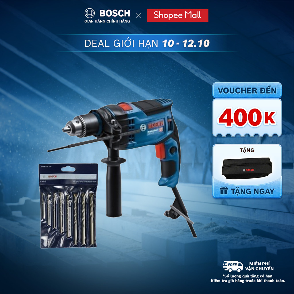 Máy khoan động lực Bosch GSB 16 RE (Hộp nhựa) - Tặng kèm 1 Bộ mũi khoan tường Bosch Concrete 3/4/5/6/7/8/9/10