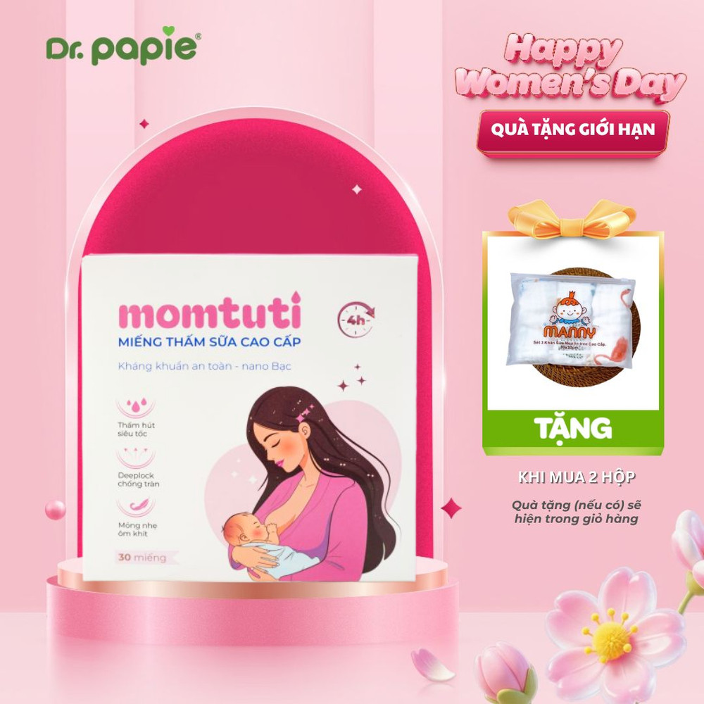 Miếng Lót Thấm Sữa Mỏng Nhẹ Thấm Hút Nhanh Momtuti Dành Cho Mẹ Bỉm Chống Tràn 360 độ (30 miếng/hộp)