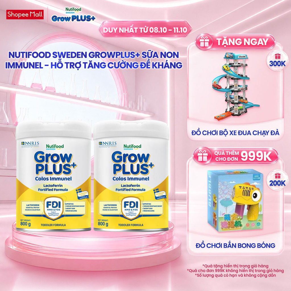 Combo 2 Sữa Bột Nutifood Sweden GrowPLUS+ Sữa Non Immunel lon 800 g (Bao bì tuỳ lô hàng)