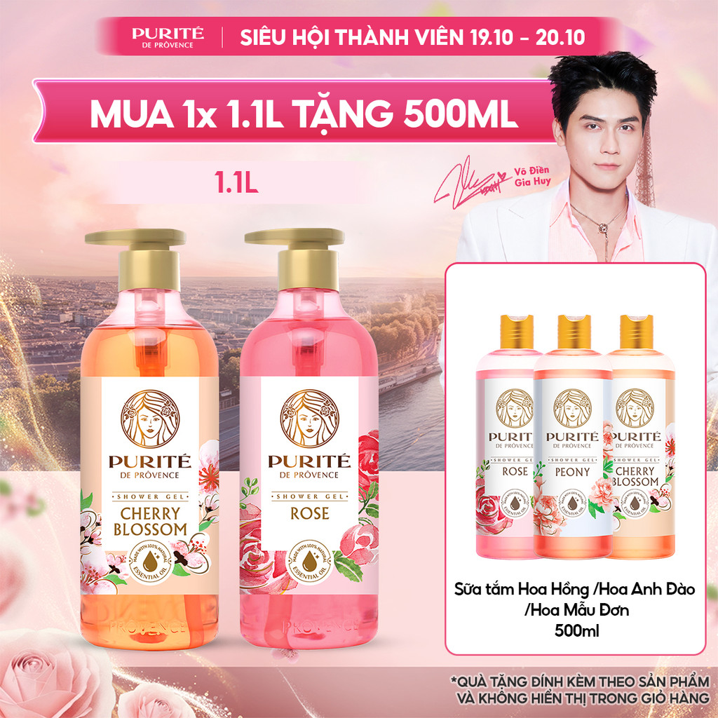 Sữa Tắm PURITE 1.1L Hương Hoa Anh Đào/Hoa Hồng Tặng Sữa Tắm Hương Hoa Anh Đào/Hoa Mẫu Đơn/Hoa Hồng 500ml