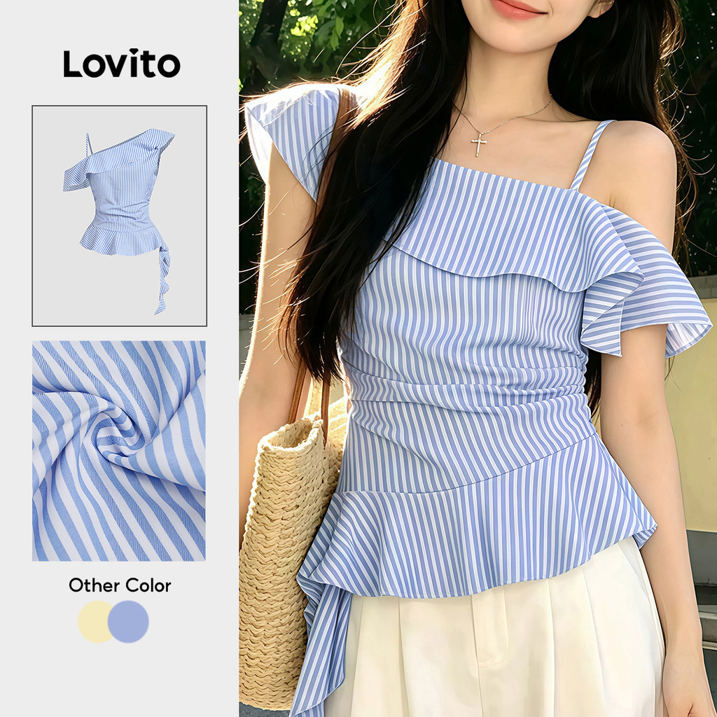 Áo Lovito phong cách thường ngày dáng rủ xếp nếp hở vai mùa xuân/hè màu xanh dương cho nữ BLK8P1D690