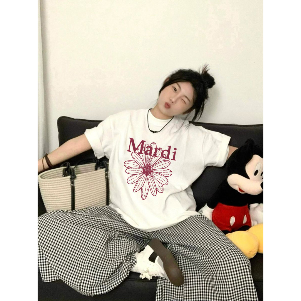 Kanos_shop | áo nữ cá tính, Hàn quốc dễ thương đa năng Flower print 100% cotton áo sơ mi tay ngắn