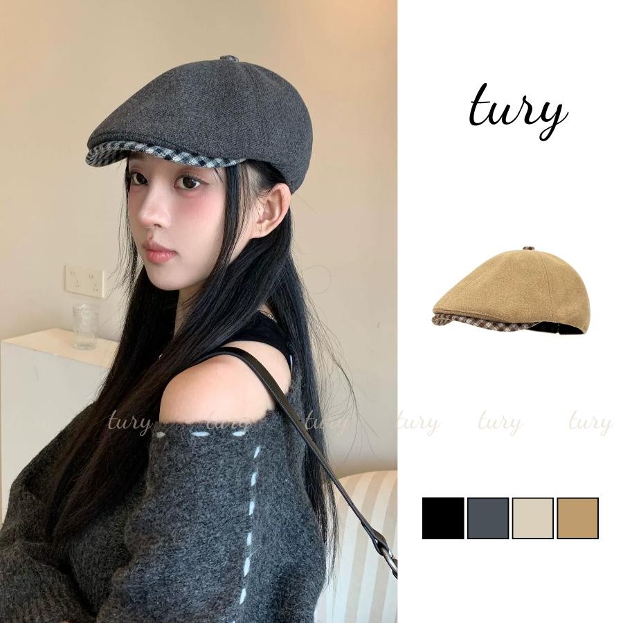 Mũ Beret Nữ - Tury - Mũ Nồi Trơn Phối Sọc Caro Dễ Thương Phong Cách Cổ Điển - MN068