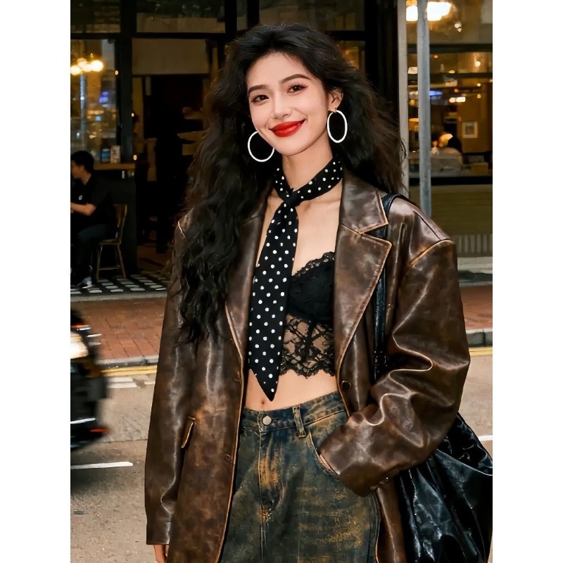 Mùa Thu Đông Retro Da Báo In Khăn Cổ Màu Cà Phê Chấm Bi Khăn Dài