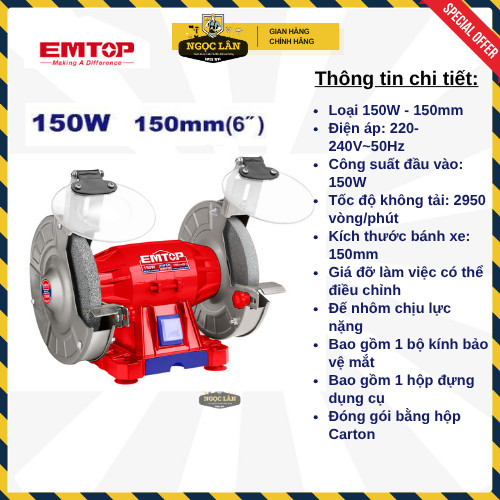 [Chính hãng] Máy mài 2 đá để bàn EMTOP loại 150W/350W đường kính đĩa 150/200mm mài dao kéo cao cấp