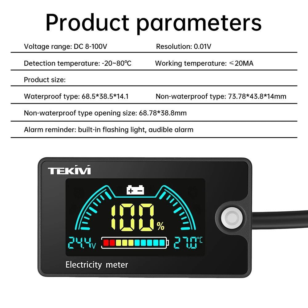 NOTE1 1 Chỉ báo dung lượng pin, DC8-100V có đồng hồ đo điện báo động nhiệt độ, màn hình LCD bền LiFePO4 Pin Lithium axit chì Vôn kế kỹ thuật số cho dụng cụ ô tô