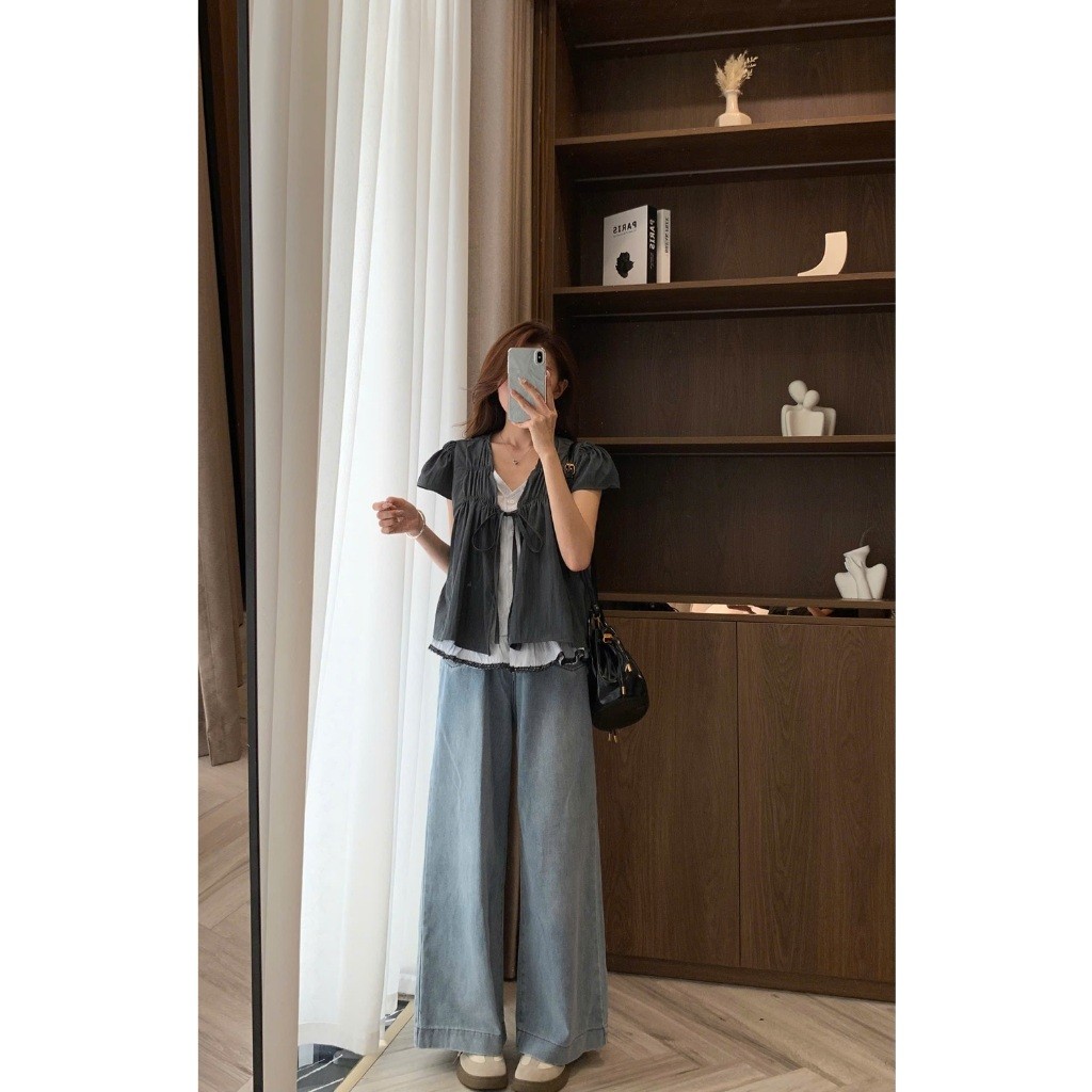 Áo Babydoll Cổ V Phối Kẻ Mix Viền Ren  MA4066