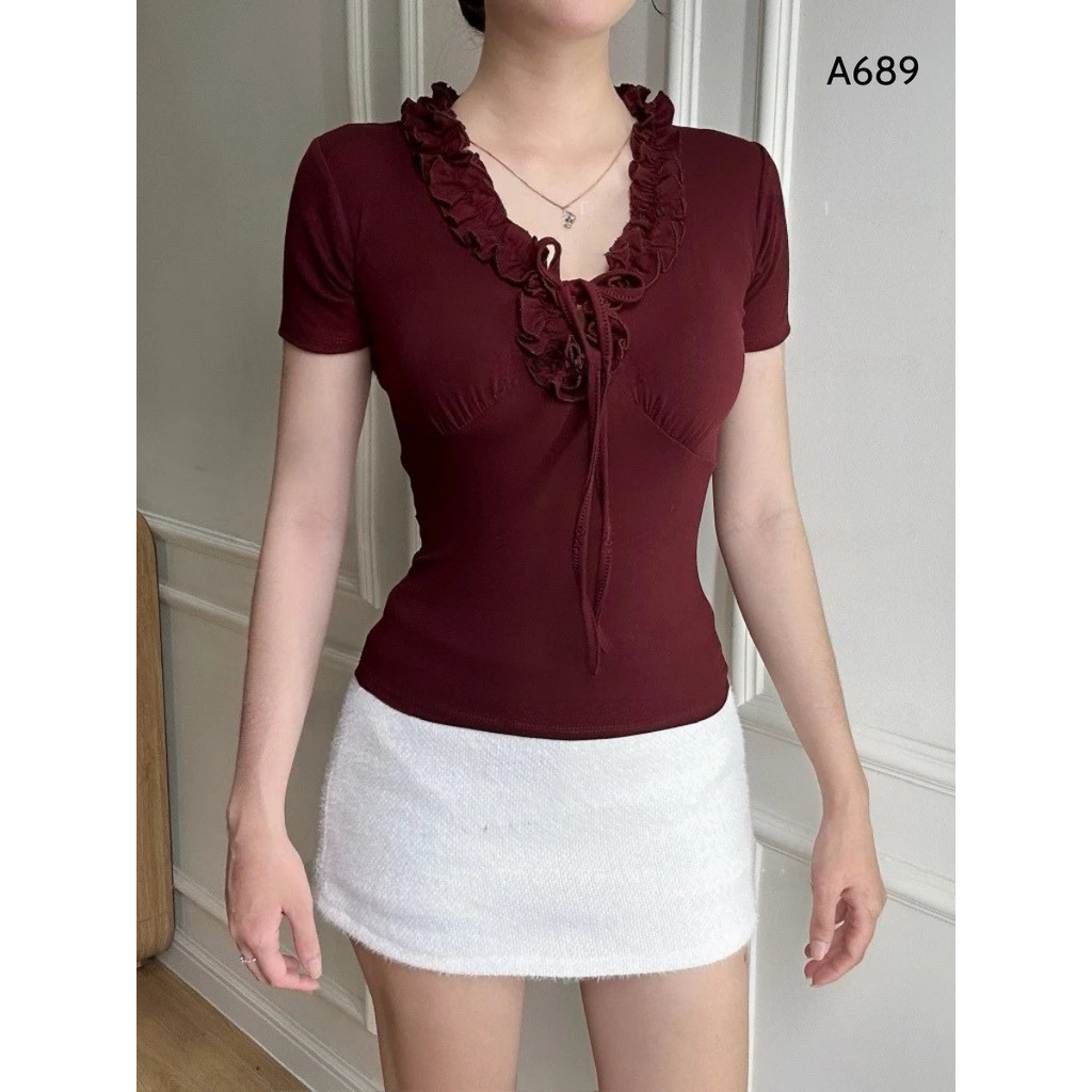 Áo Thun Nữ Cổ V Nhún Bèo Thắt Nơ Chất Cotton Mịn Ôm Body, Tôn Dáng Xinh Xắn_A689 -Sammi