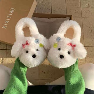 XIXITIAO Dép bông nữ mùa đông, dễ thương hình chó Teddy, giữ ấm, thoải mái cho phòng ngủ tại nhà