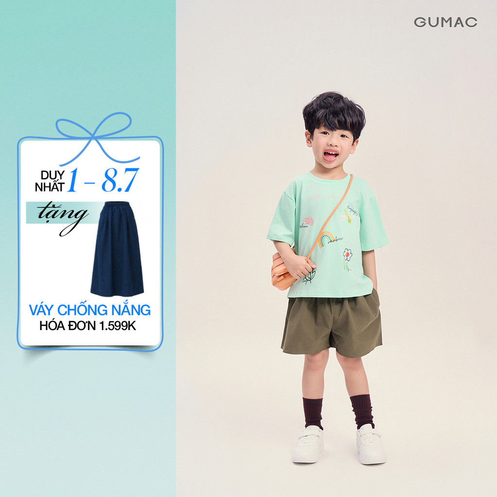 Quần Short Trẻ Em Unisex GUMAC Form A Ống Xòe Lưng Thun Kaki Chéo Năng Động SHKG04032