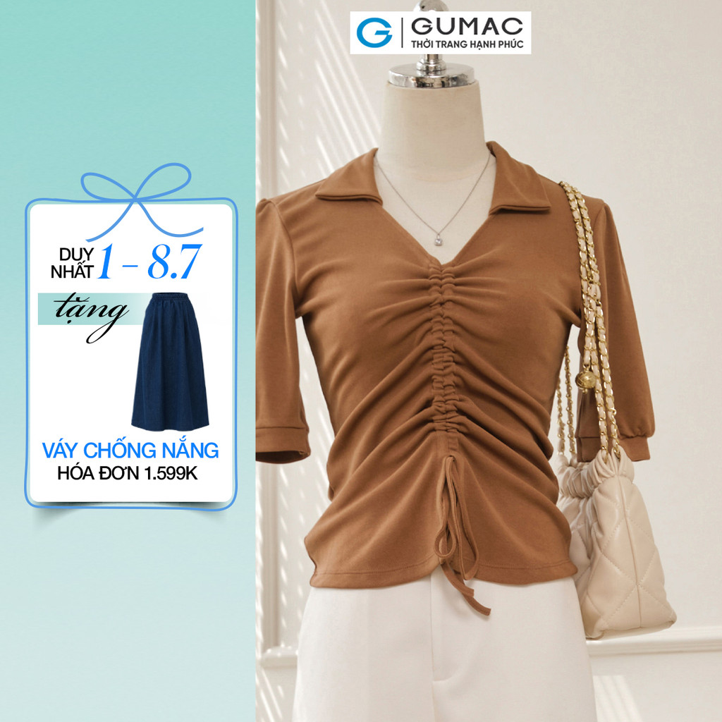 [SALE] Áo thun nữ GUMAC slim ôm cổ V rút nhún giữa thun co giãn mềm mịn thoải mái  LATE0810