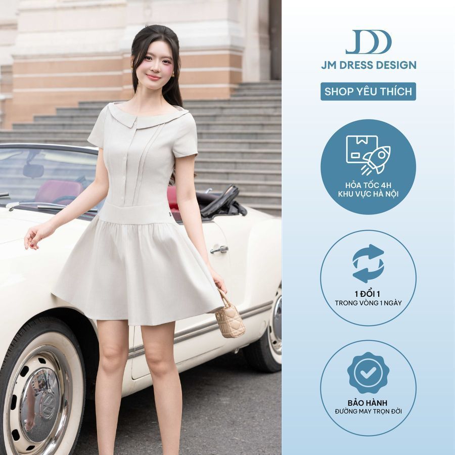 Đầm Xuân Hè Cổ Bẻ Ngang Nhún Chân 1S16.2601, Đầm Dáng Xoè Nhẹ A-line, Cổ Áo Cách Điệu Thanh Lịch Sang Trọng Design By JM