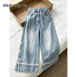 DADULILY  Quần Bò Ống Rộng Thắt Nơ Nữ Quần Ống Thẳng Dễ Phối