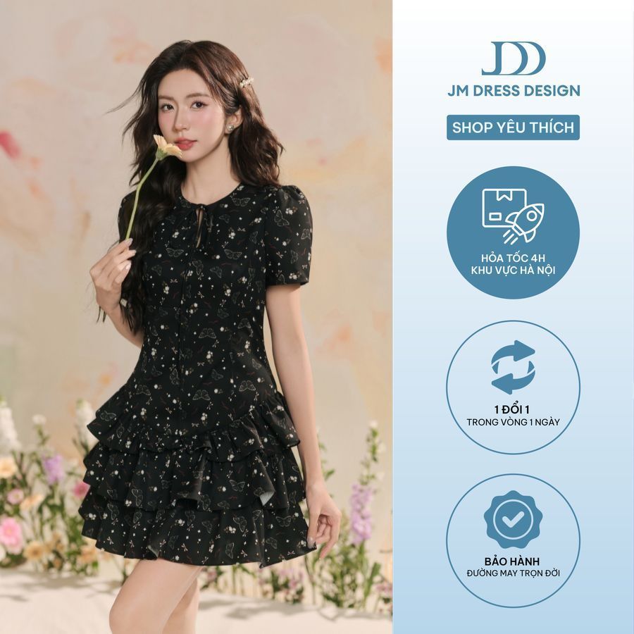Đầm cổ tròn nhún tầng chân 1R12.2503K, váy đầm tay bồng dáng a xòe tầng tiểu thư nữ tính thiết kế bởi JM Dress Design