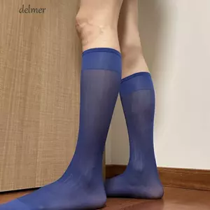 Vớ công sở màu trơn DELMER, Tất ống giữa Sheer nam váy mỏng, Hàng dệt kim mờ thời trang Tất lụa sọc rộng dành cho doanh nhân