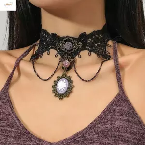 ZENZON Nữ Gothic Choker, Phong Cách Vintage Handmade Đen Ren Choker, Ren Đen Hợp Thời Trang Có Thể Điều Chỉnh Màu Tím Viền Tím Tím Viền Cổ Áo Dự Tiệc