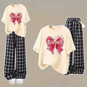 Tổng hợp Sét Bộ Quần caro đen bản to màu đen dáng dài + mix áo phông nơ bowknot-dfdcdad