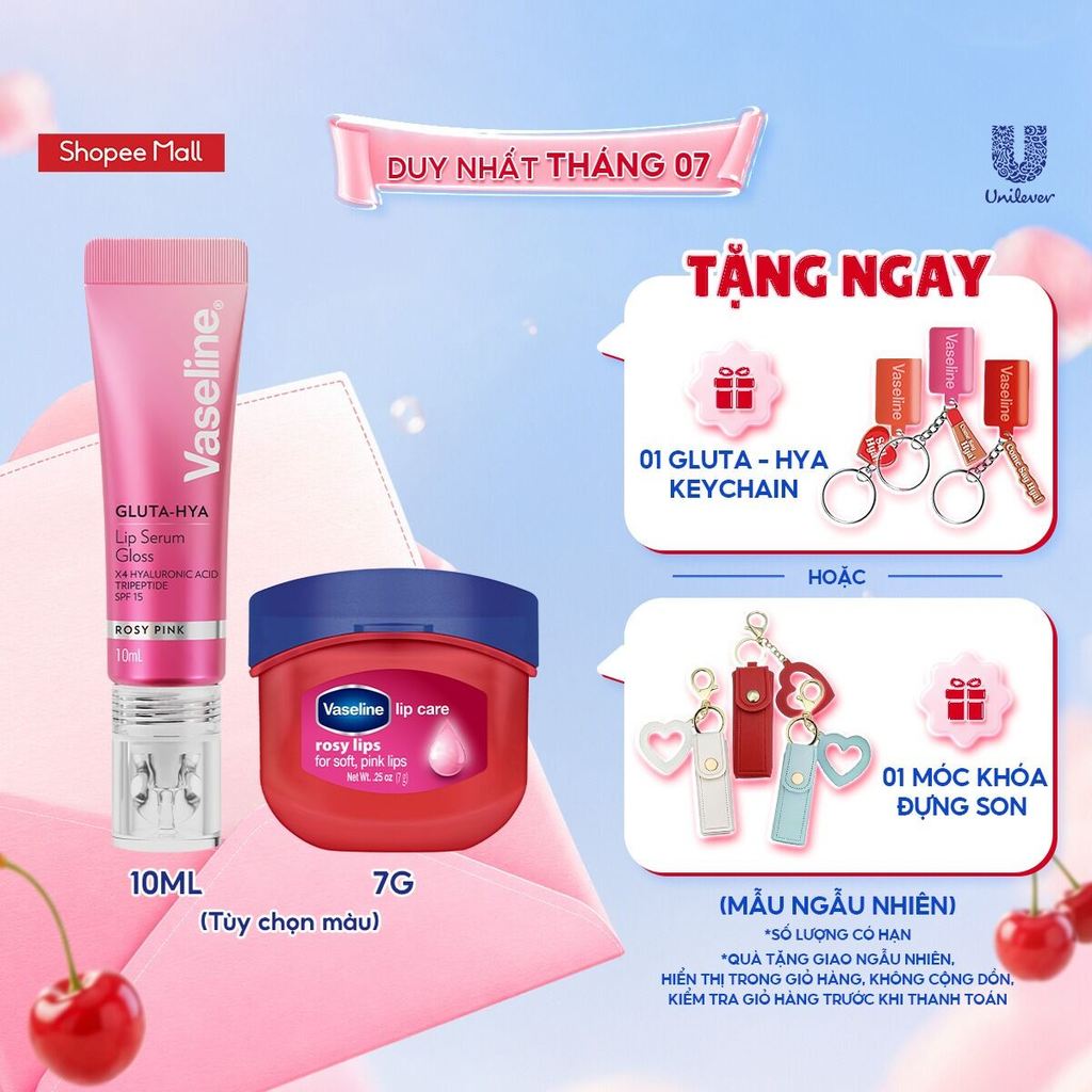 Combo son Vaseline Gluta Hya Rosy Lip Serum Gloss 10ml (tùy chọn) và Sáp dưỡng môi hồng xinh 7g