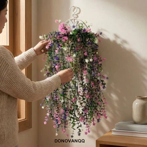 DONOVANQQ 8 Chiếc Cây Nho Treo Camellia Nhân Tạo, Lụa Thực Tế 15 Đầu Camellia Treo Tường Giấm, Lá Bạch Đàn Chống Tia UV Chống Thấm Nước Hoa Trailing Vine Ban Công