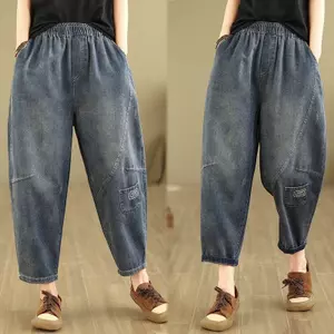 Xuân Thu Plus Size Retro Thêu Denim Harem Quần Nhỏ Rời Đến Mắt Cá Chân Quần Cà Rốt Cao Cấp Che Thịt Ôm Hơn Nhìn Tất Cả-