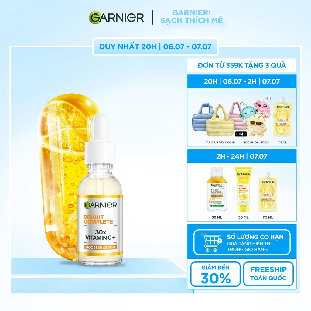 Dưỡng chất ban ngày bảo vệ & dưỡng sáng da [Vitamin C + Niacinamide] Garnier Bright Complete Booster Serum 30ml